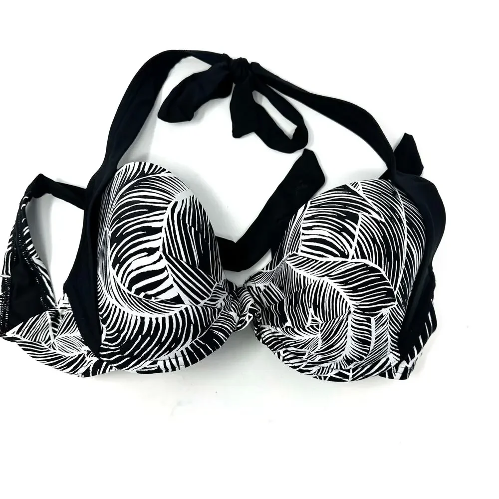 Calvin Klein Size M Tie Strap Swimsuit Top Black White Palm Leaf Print Beachwear